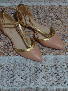 Nine West Blush Pink & Gold Pointed T-Strap Flats